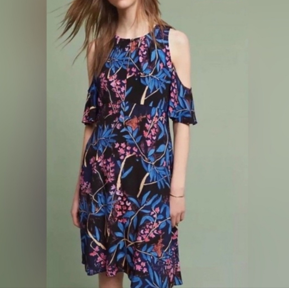 $138 Anthro Maeve Elia Cold-Shoulder Dress black tropical floral Sz 6 flirty